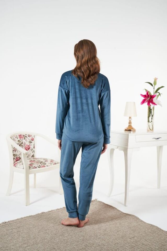 Kadın Kışlık Kadife Pijama Takımı M - PETROL