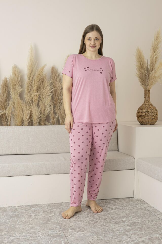 Kadın Yazlık Yıldız Desenli Kısa Kollu Viskon Battal Pijama Takımı 5XL - Pembe