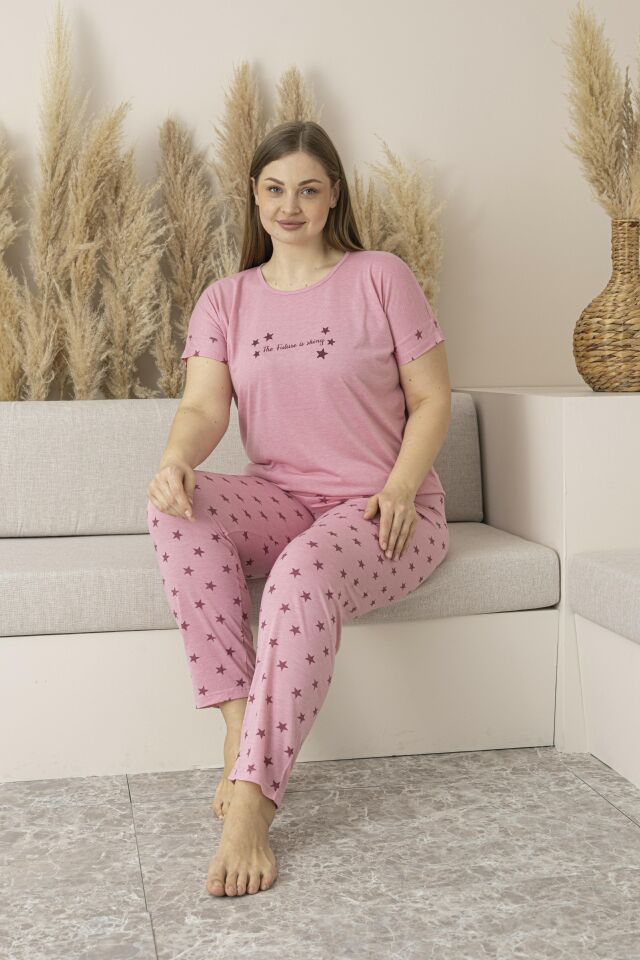 Kadın Yazlık Yıldız Desenli Kısa Kollu Viskon Battal Pijama Takımı 5XL - Pembe