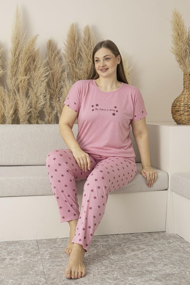 Kadın Yazlık Yıldız Desenli Kısa Kollu Viskon Battal Pijama Takımı 5XL - Pembe