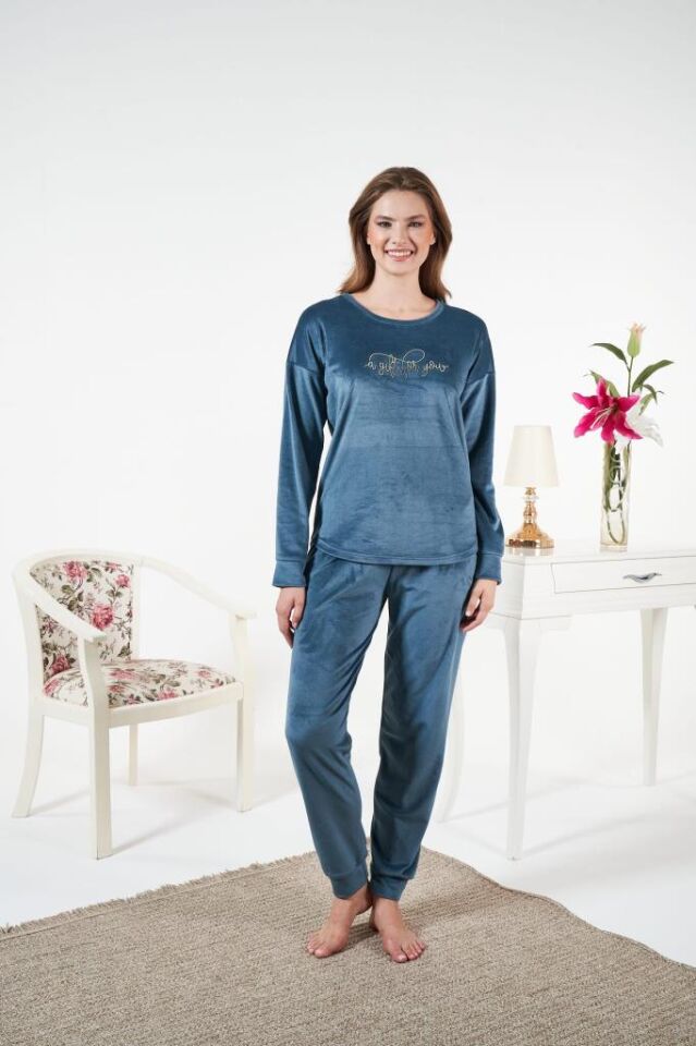 Kadın Kışlık Kadife Pijama Takımı XL - PETROL