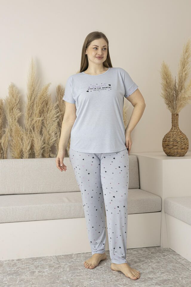 Kadın Yazlık Kalp Desenli Kısa Kollu Viskon Battal Pijama Takımı 3XL - Gri
