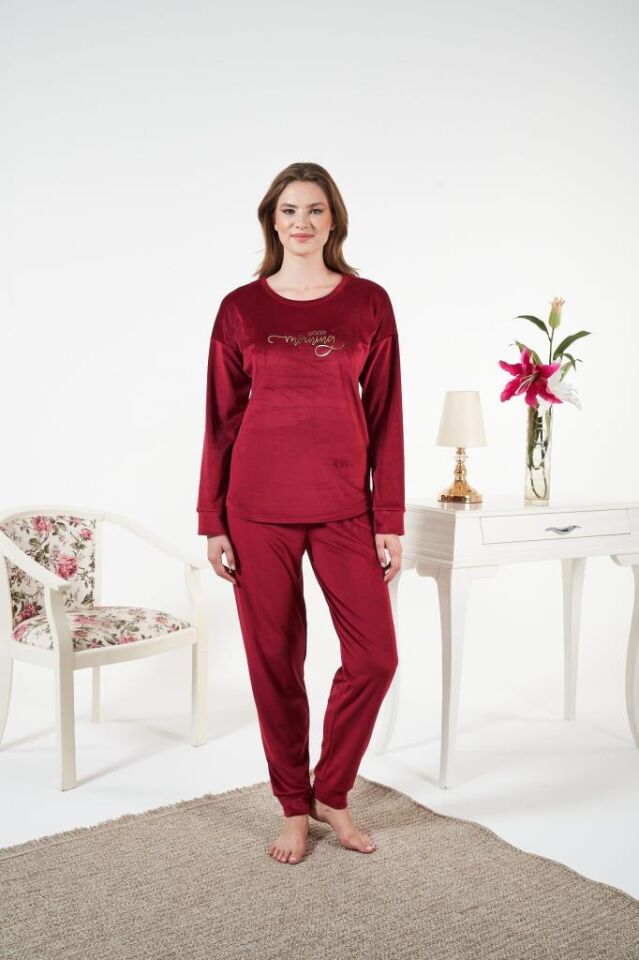 Kadın Kışlık Kadife Pijama Takımı M - Bordo