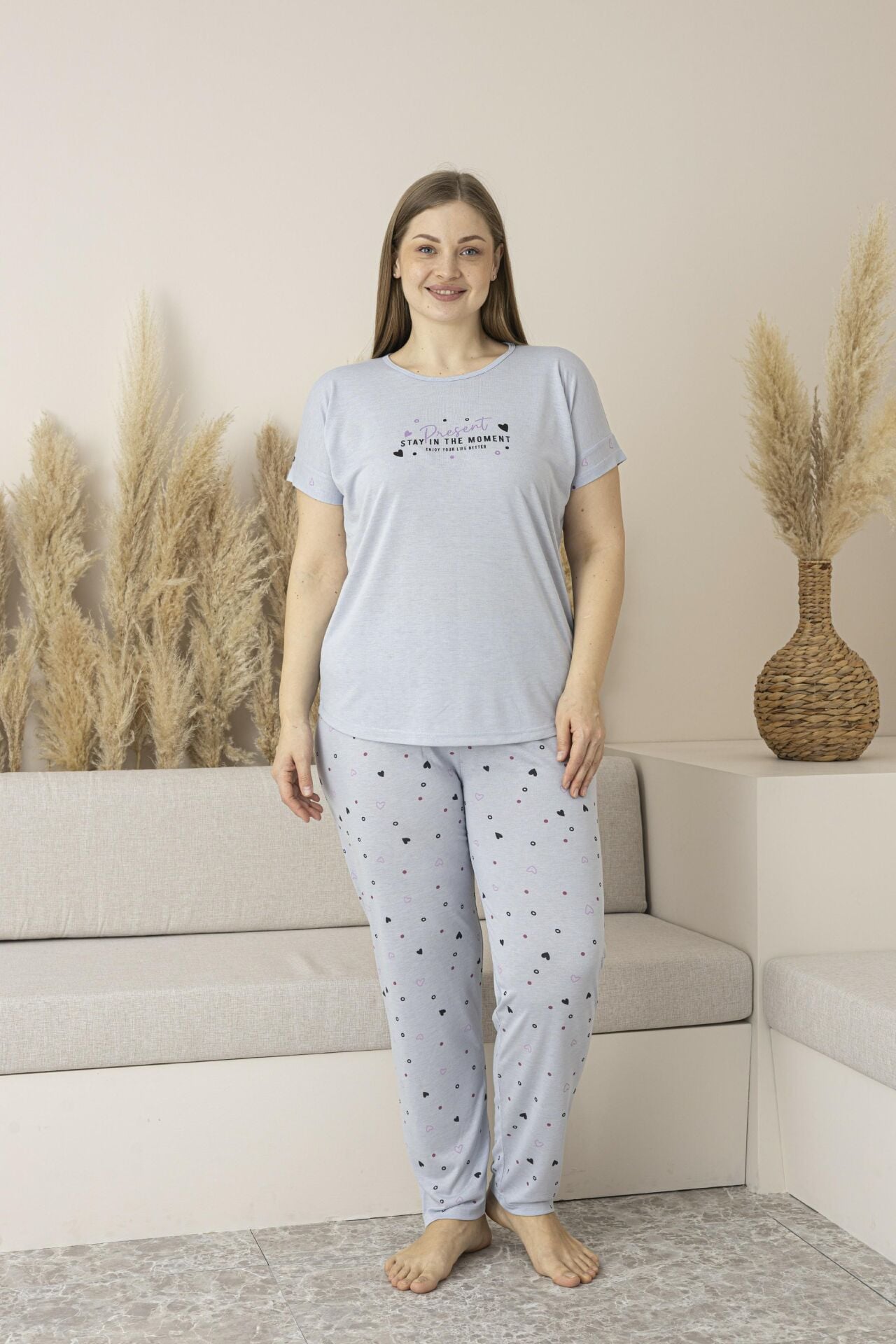Kadın Yazlık Kalp Desenli Kısa Kollu Viskon Battal Pijama Takımı 5XL - Gri