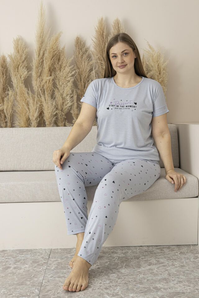 Kadın Yazlık Kalp Desenli Kısa Kollu Viskon Battal Pijama Takımı 5XL - Gri