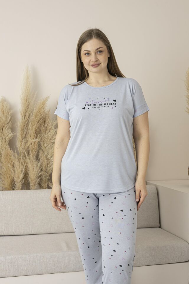 Kadın Yazlık Kalp Desenli Kısa Kollu Viskon Battal Pijama Takımı 5XL - Gri