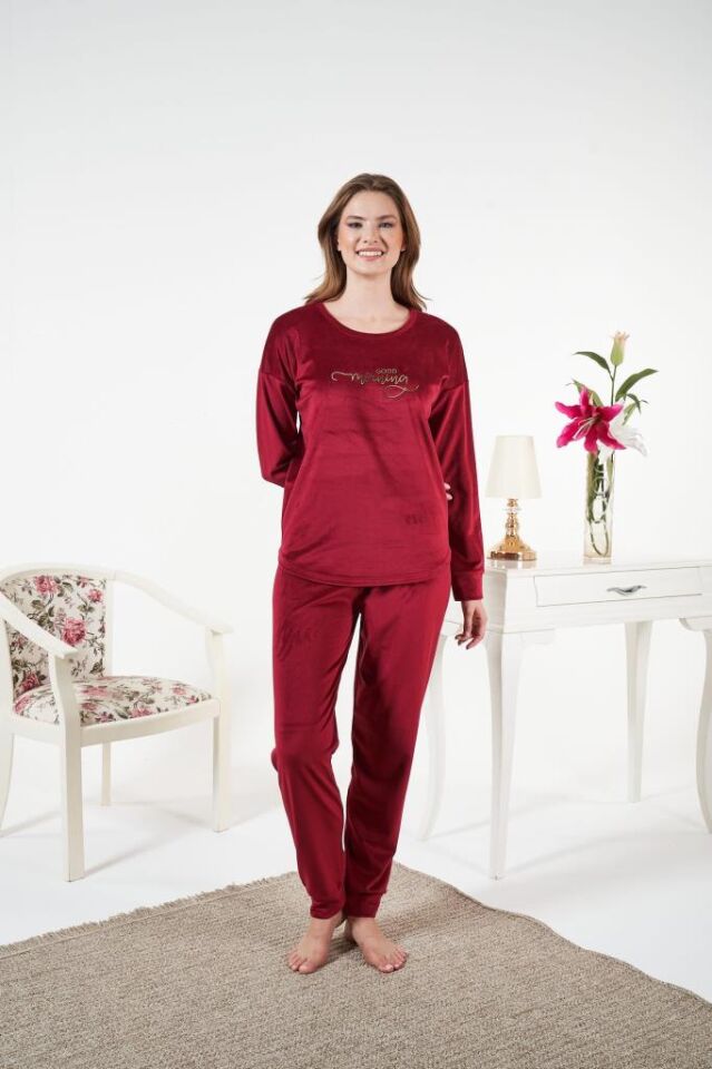 Kadın Kışlık Kadife Pijama Takımı L - Bordo