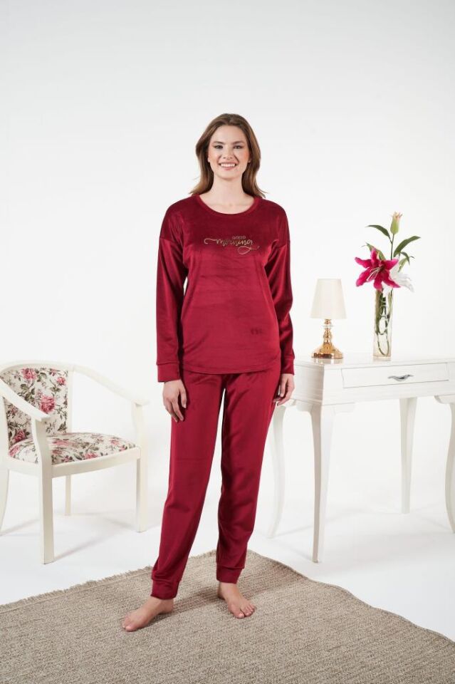 Kadın Kışlık Kadife Pijama Takımı L - Bordo