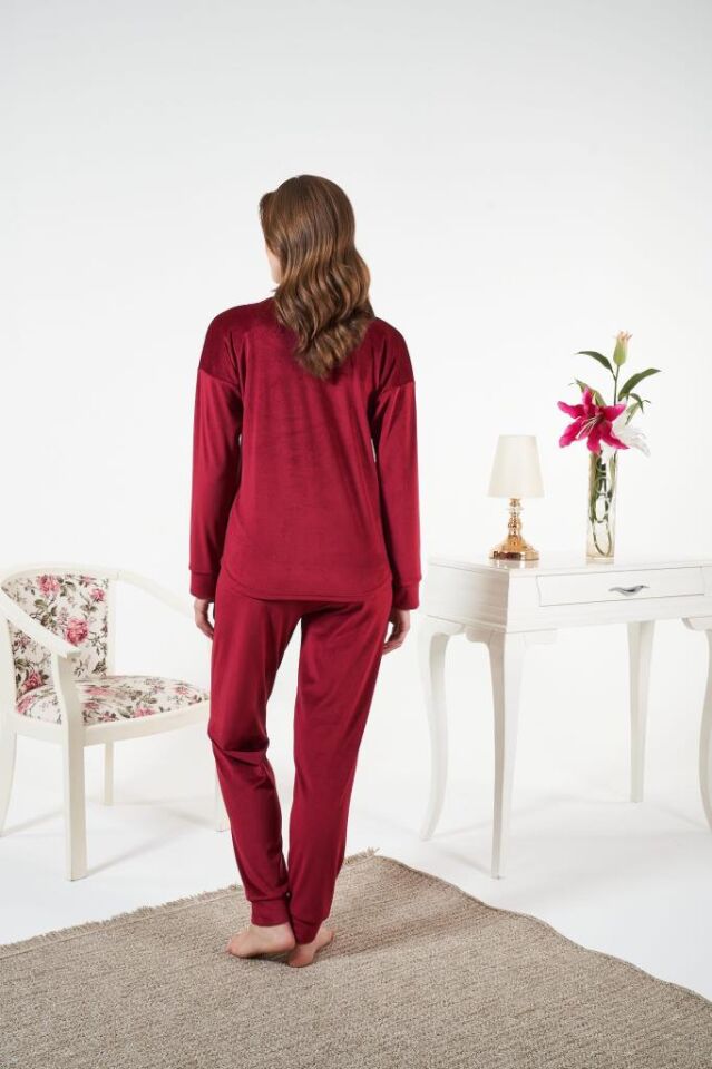 Kadın Kışlık Kadife Pijama Takımı L - Bordo