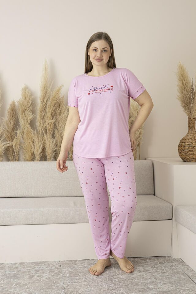 Kadın Yazlık Kalp Desenli Kısa Kollu Viskon Battal Pijama Takımı 3XL - Pembe