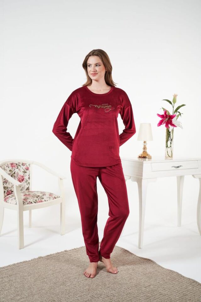 Kadın Kışlık Kadife Pijama Takımı XL - Bordo