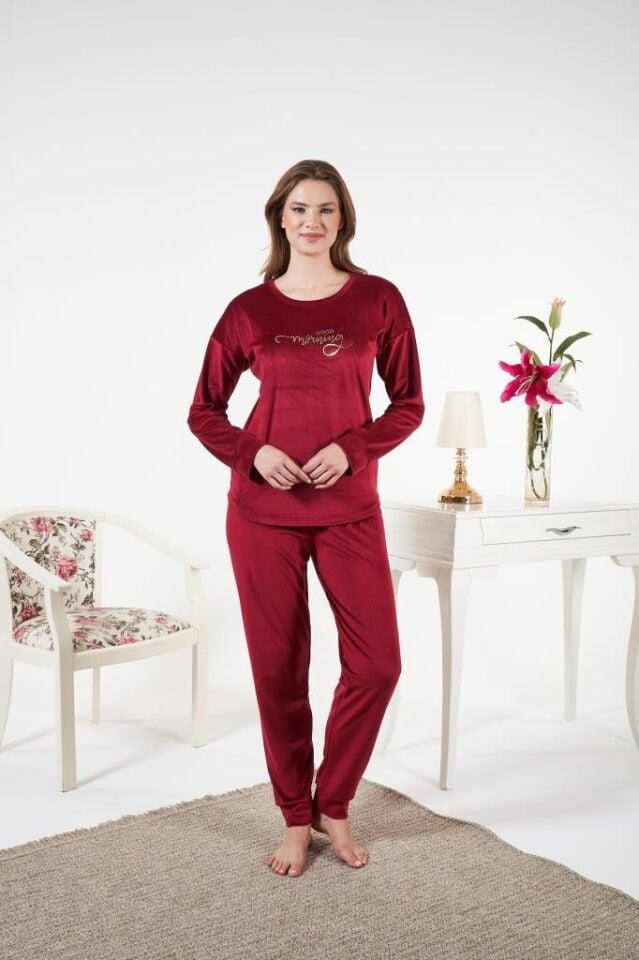 Kadın Kışlık Kadife Pijama Takımı XL - Bordo