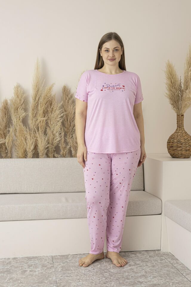 Kadın Yazlık Kalp Desenli Kısa Kollu Viskon Battal Pijama Takımı 4XL - Pembe