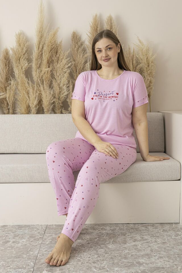 Kadın Yazlık Kalp Desenli Kısa Kollu Viskon Battal Pijama Takımı 4XL - Pembe