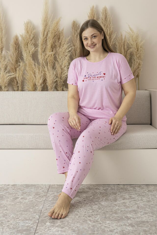 Kadın Yazlık Kalp Desenli Kısa Kollu Viskon Battal Pijama Takımı 5XL - Pembe