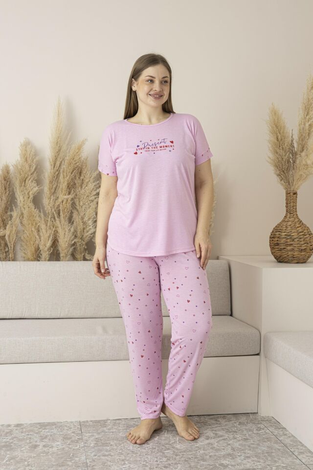 Kadın Yazlık Kalp Desenli Kısa Kollu Viskon Battal Pijama Takımı 5XL - Pembe