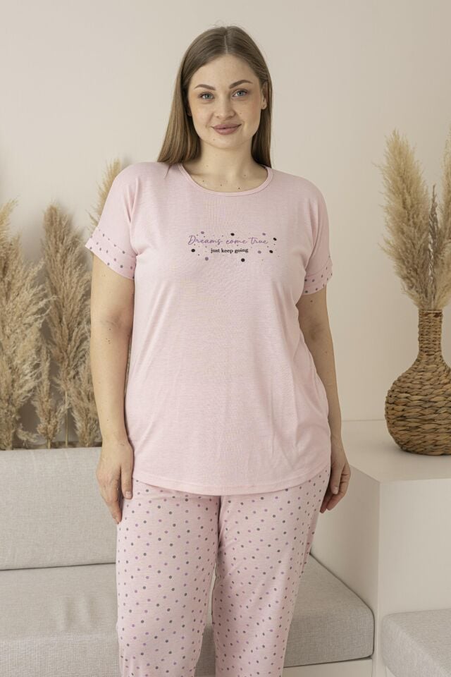 Kadın Yazlık Puantiyeli Kısa Kollu Viskon Battal Pijama Takımı