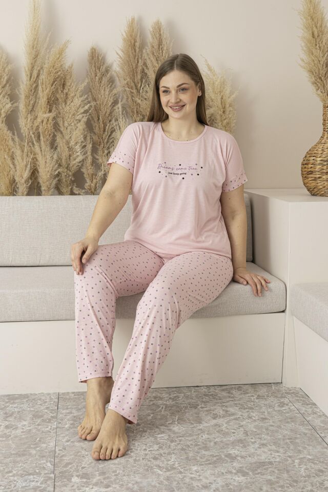 Kadın Yazlık Puantiyeli Kısa Kollu Viskon Battal Pijama Takımı