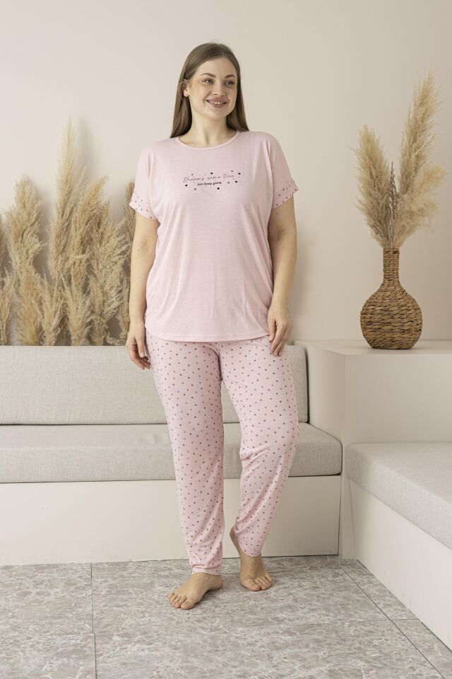 Kadın Yazlık Puantiyeli Kısa Kollu Viskon Battal Pijama Takımı