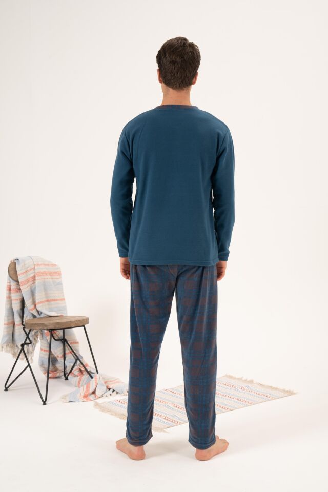 Erkek Kışlık Düğmeli Yaka Kareli Alt Polar Pijama Takımı M - PETROL