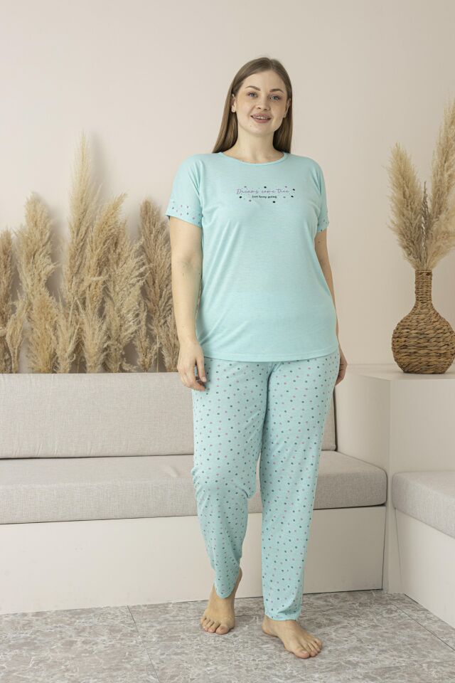 Kadın Yazlık Puantiyeli Kısa Kollu Viskon Battal Pijama Takımı 3XL - MİNT