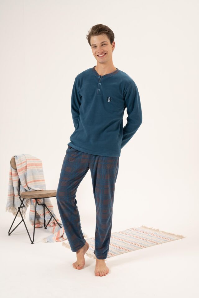 Erkek Kışlık Düğmeli Yaka Kareli Alt Polar Pijama Takımı L - PETROL