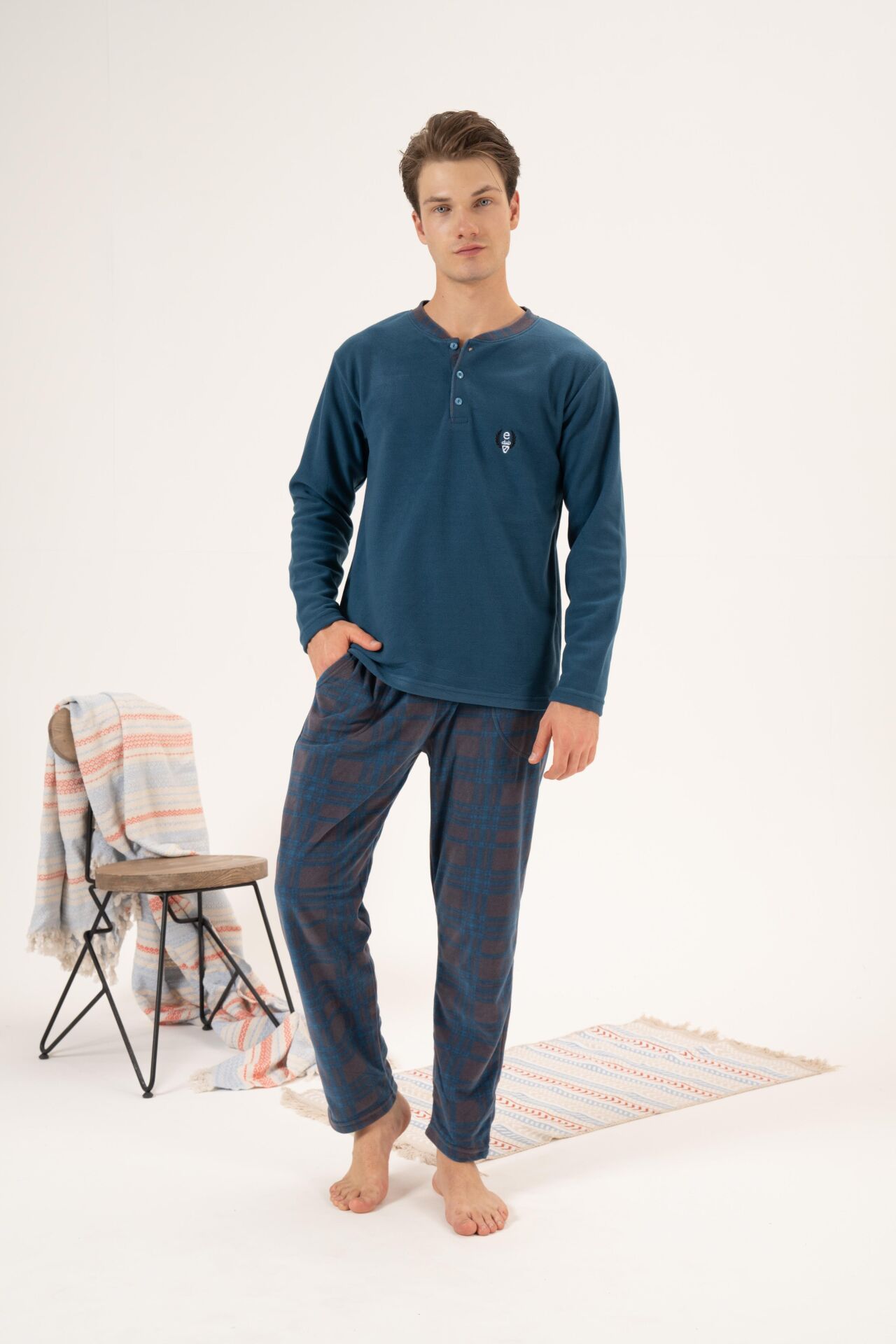 Erkek Kışlık Düğmeli Yaka Kareli Alt Polar Pijama Takımı XL - PETROL