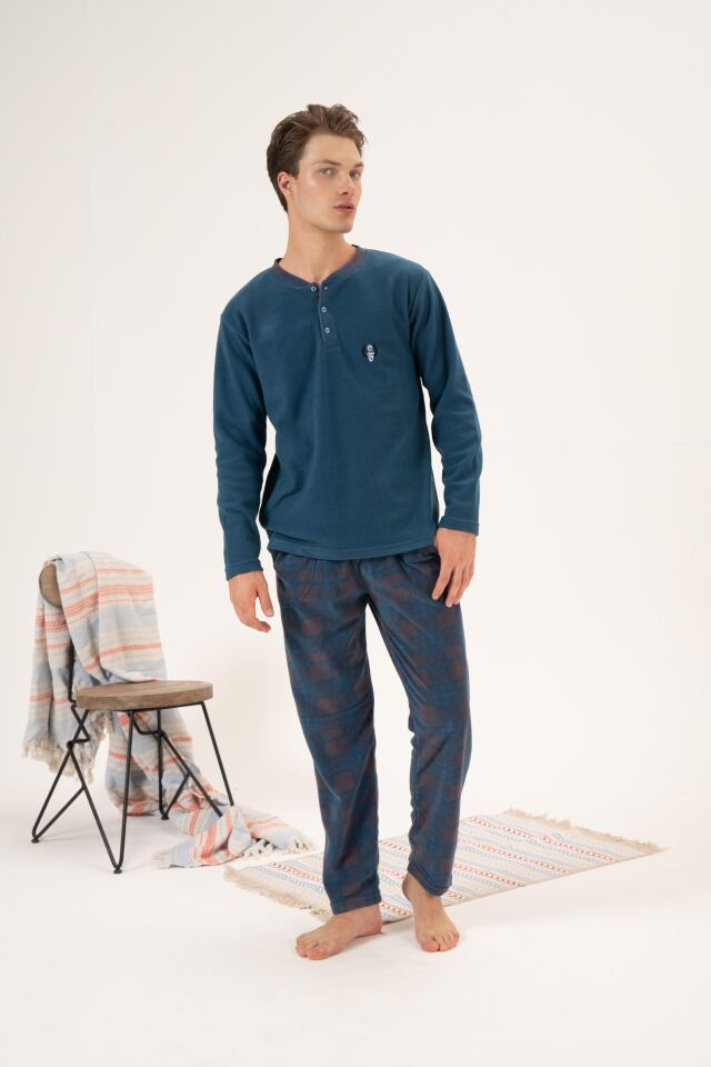 Erkek Kışlık Düğmeli Yaka Kareli Alt Polar Pijama Takımı XL - PETROL