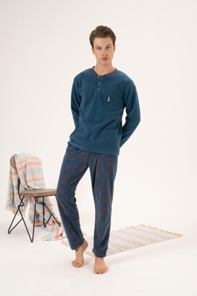 Erkek Kışlık Düğmeli Yaka Kareli Alt Polar Pijama Takımı XL - PETROL