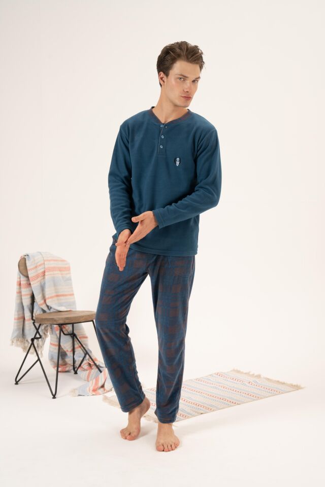 Erkek Kışlık Düğmeli Yaka Kareli Alt Polar Pijama Takımı XL - PETROL