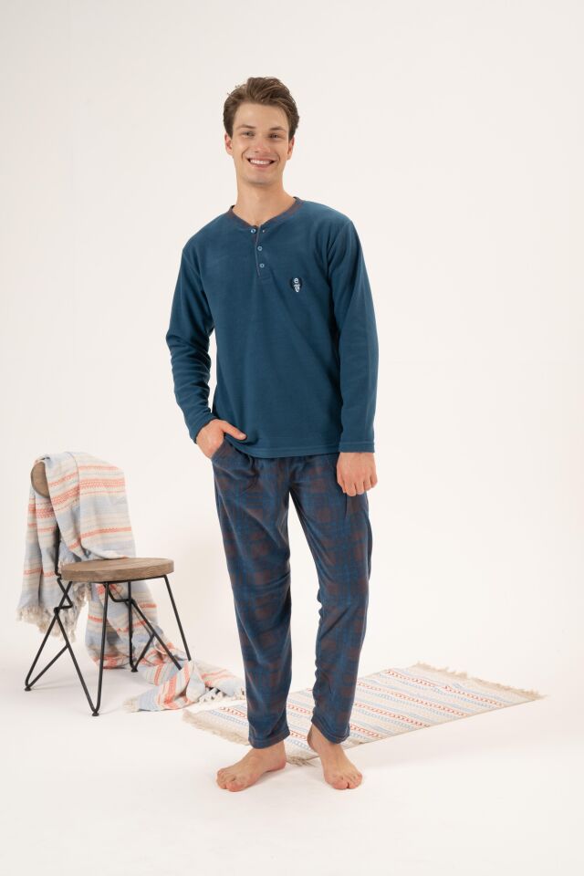 Erkek Kışlık Düğmeli Yaka Kareli Alt Polar Pijama Takımı XL - PETROL