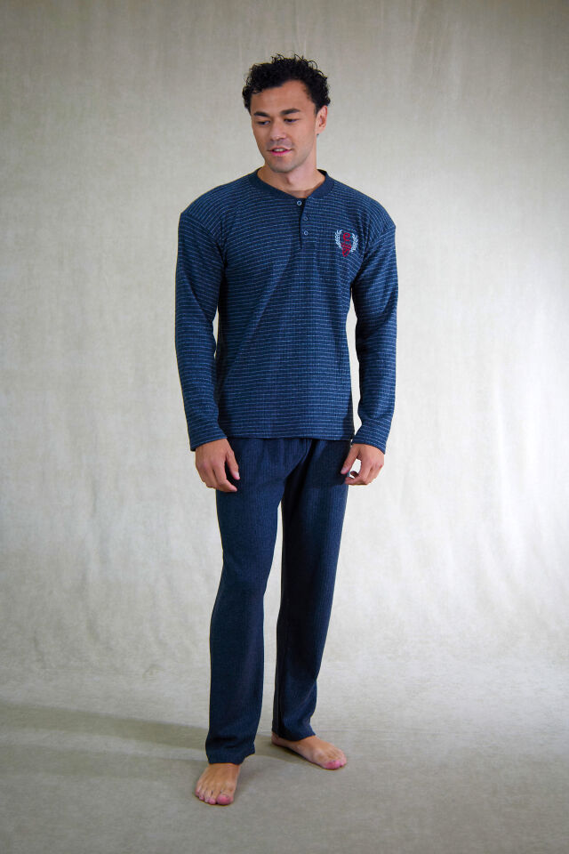 Estiva Erkek Çizgili Patlı İnterlok Şardonlu Pijama Takımı 2XL - ANTRASİT