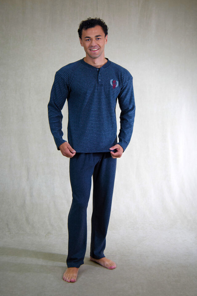 Estiva Erkek Çizgili Patlı İnterlok Şardonlu Pijama Takımı 2XL - ANTRASİT