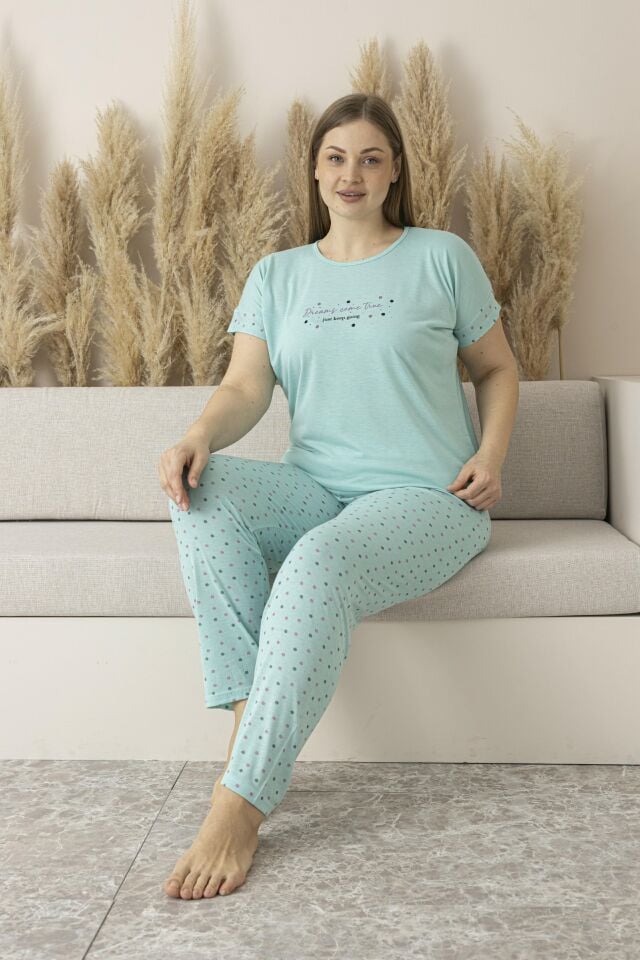 Kadın Yazlık Puantiyeli Kısa Kollu Viskon Battal Pijama Takımı 5XL - MİNT