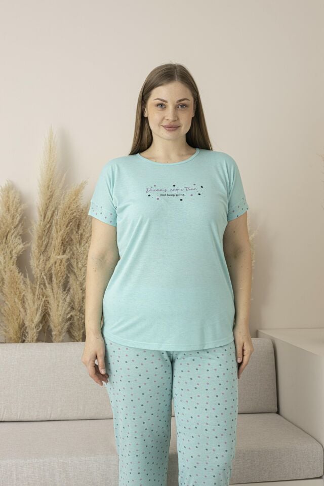 Kadın Yazlık Puantiyeli Kısa Kollu Viskon Battal Pijama Takımı 5XL - MİNT