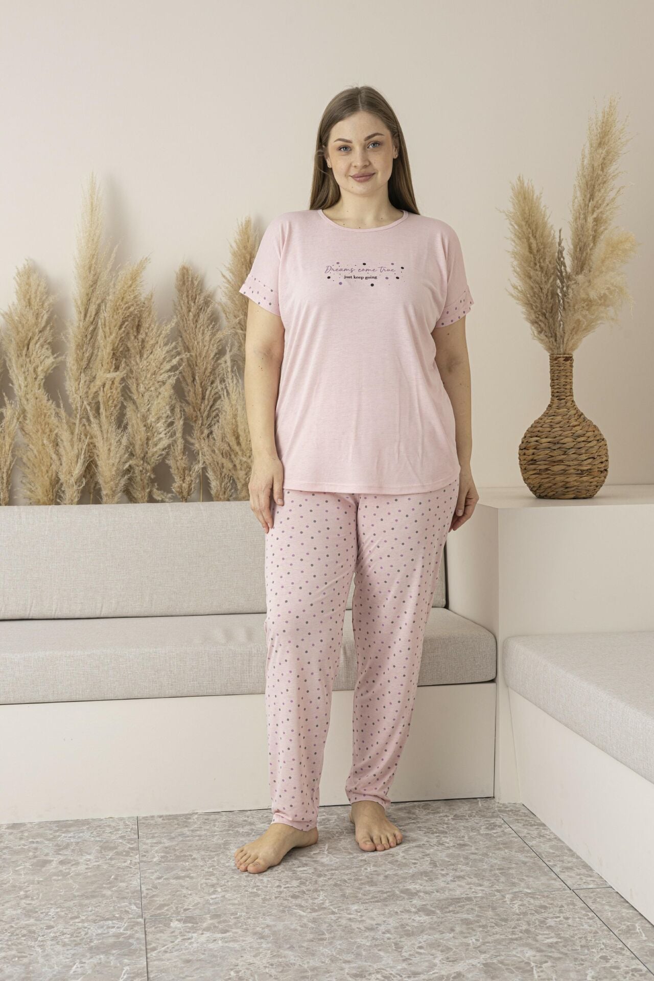 Kadın Yazlık Puantiyeli Kısa Kollu Viskon Battal Pijama Takımı 3XL - SOMON