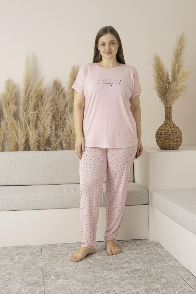 Kadın Yazlık Puantiyeli Kısa Kollu Viskon Battal Pijama Takımı 3XL - SOMON