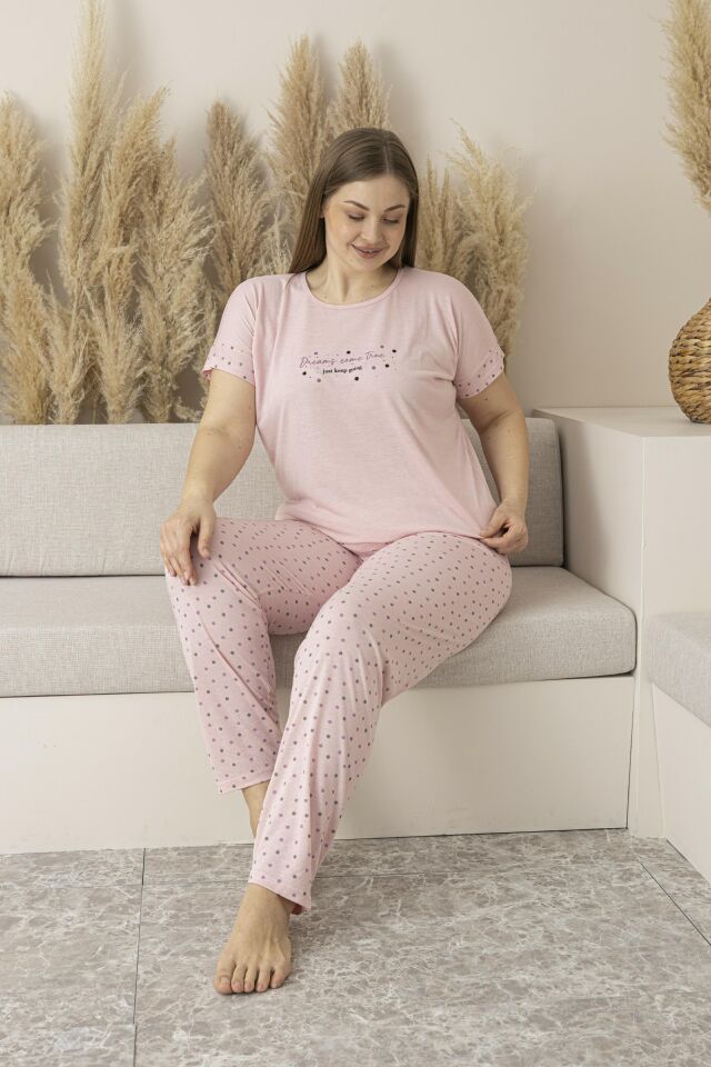 Kadın Yazlık Puantiyeli Kısa Kollu Viskon Battal Pijama Takımı 3XL - SOMON