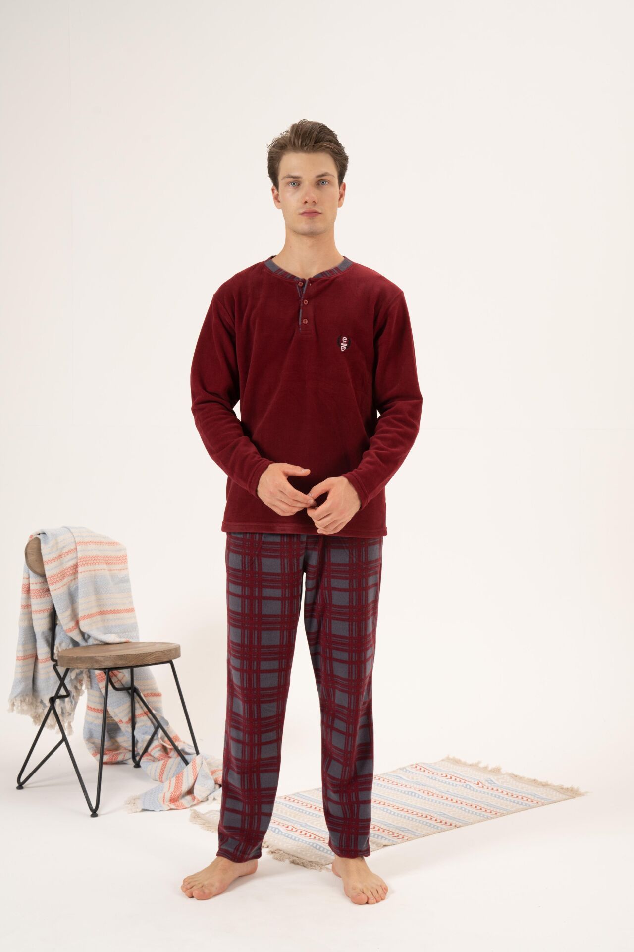 Erkek Kışlık Düğmeli Yaka Kareli Alt Polar Pijama Takımı M - Bordo
