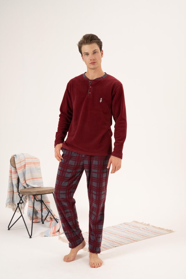Erkek Kışlık Düğmeli Yaka Kareli Alt Polar Pijama Takımı M - Bordo