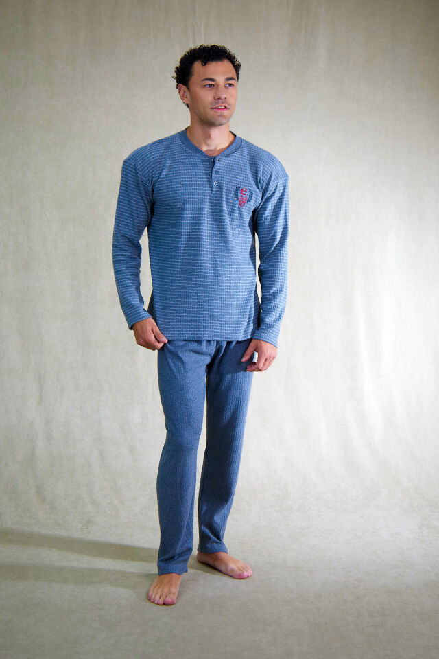 Estiva Erkek Çizgili Patlı İnterlok Şardonlu Pijama Takımı L - Gri