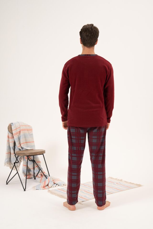 Erkek Kışlık Düğmeli Yaka Kareli Alt Polar Pijama Takımı L - Bordo