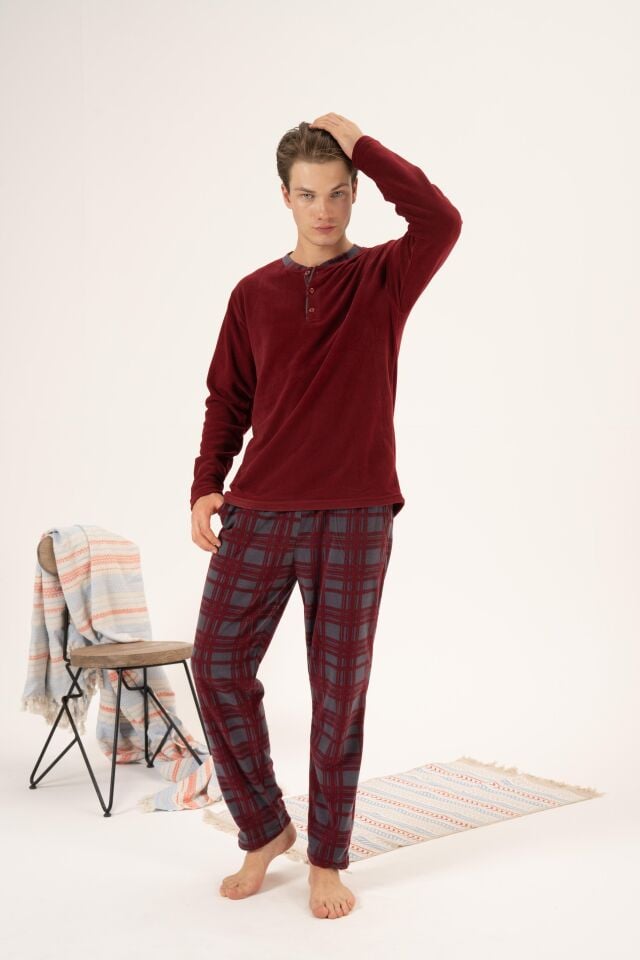 Erkek Kışlık Düğmeli Yaka Kareli Alt Polar Pijama Takımı L - Bordo