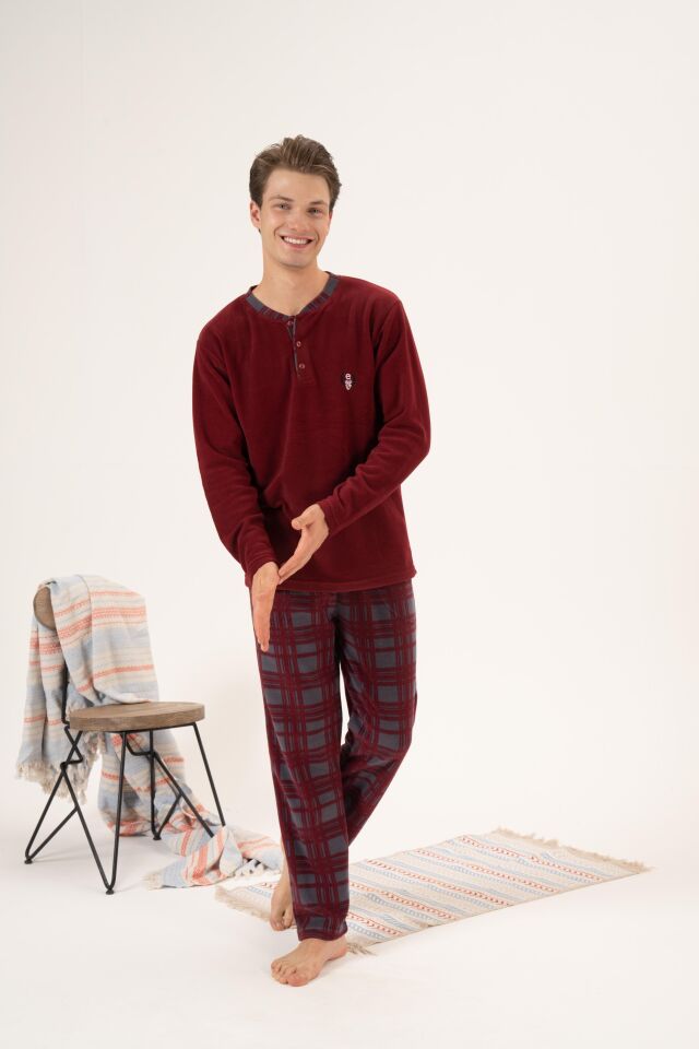 Erkek Kışlık Düğmeli Yaka Kareli Alt Polar Pijama Takımı L - Bordo