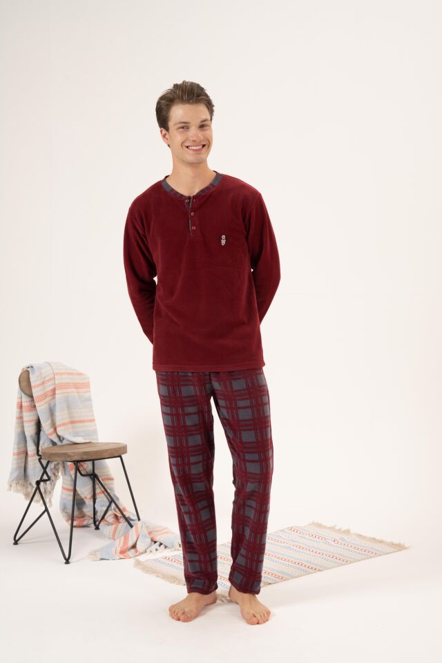 Erkek Kışlık Düğmeli Yaka Kareli Alt Polar Pijama Takımı L - Bordo