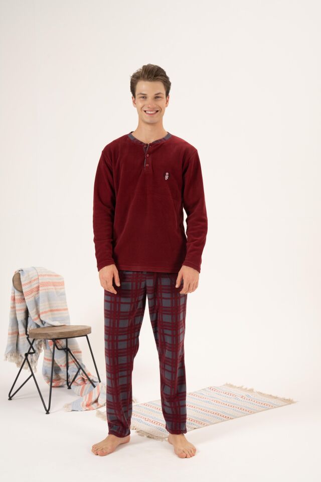 Erkek Kışlık Düğmeli Yaka Kareli Alt Polar Pijama Takımı L - Bordo