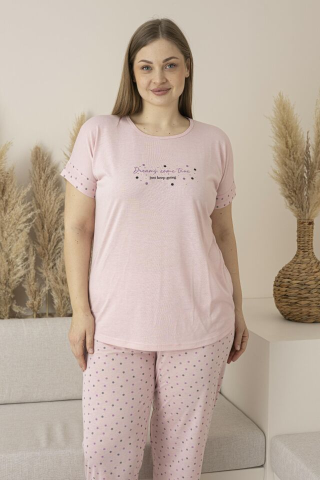 Kadın Yazlık Puantiyeli Kısa Kollu Viskon Battal Pijama Takımı 5XL - SOMON