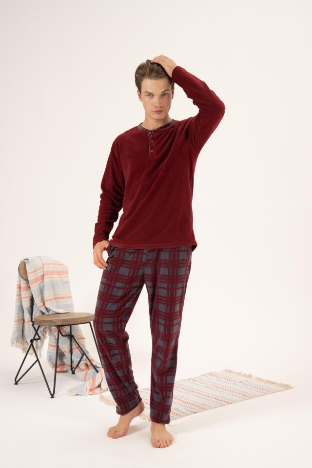 Erkek Kışlık Düğmeli Yaka Kareli Alt Polar Pijama Takımı XL - Bordo