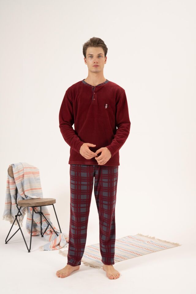 Erkek Kışlık Düğmeli Yaka Kareli Alt Polar Pijama Takımı 2XL - Bordo