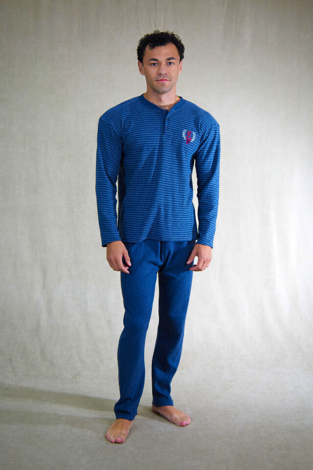 Estiva Erkek Çizgili Patlı İnterlok Şardonlu Pijama Takımı M - İNDİGO
